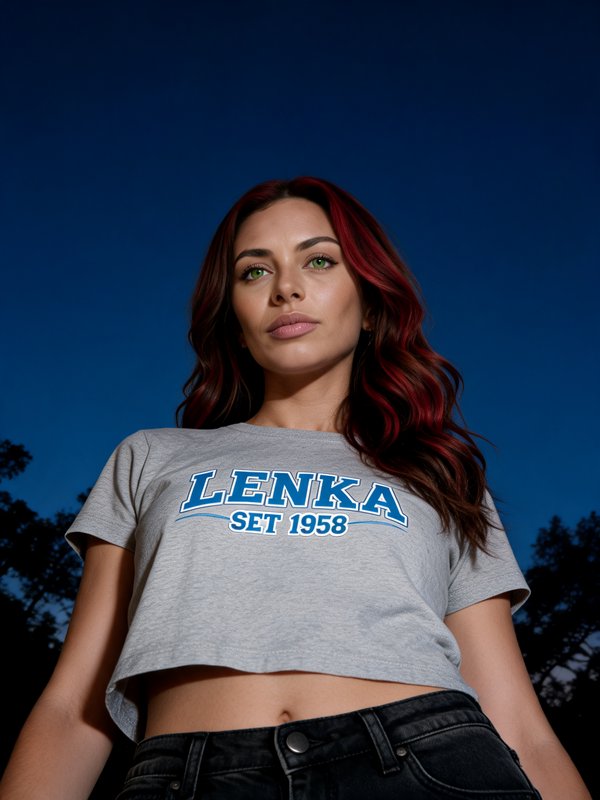Low angle portrait of red haired woman in graphic crop t-shirt against dark twilight sky