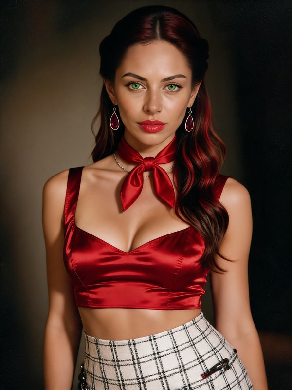 Glamour studio portrait of a woman with red hair, bright green eyes, and matching red accessories looking directly at the