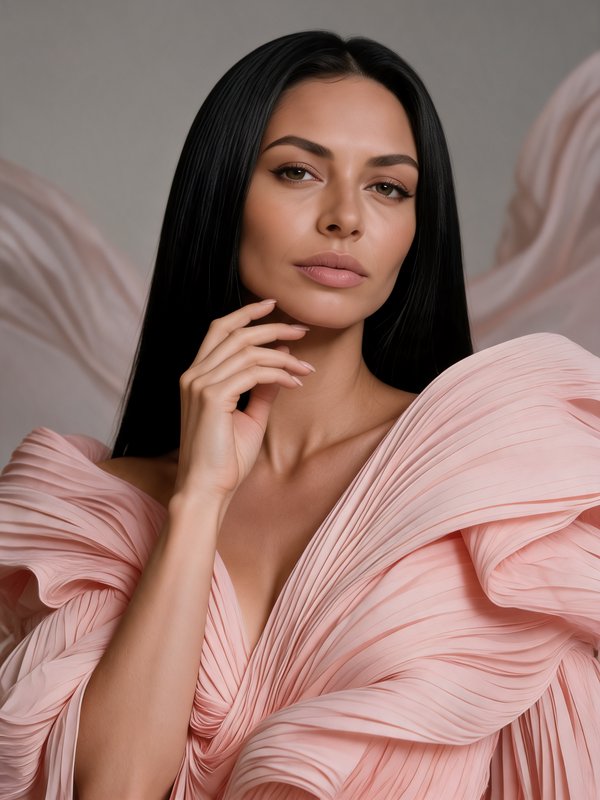 Elegant woman with long straight black hair poses in a voluminous pink pleated gown for a studio portrait