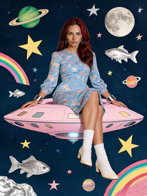 Red-haired woman in a blue floral dress sits on a pink UFO in a whimsical outer space collage