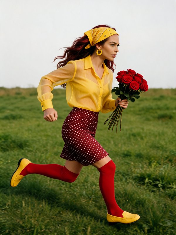 Stylish woman runs across a grassy field while holding a bouquet of fresh red roses