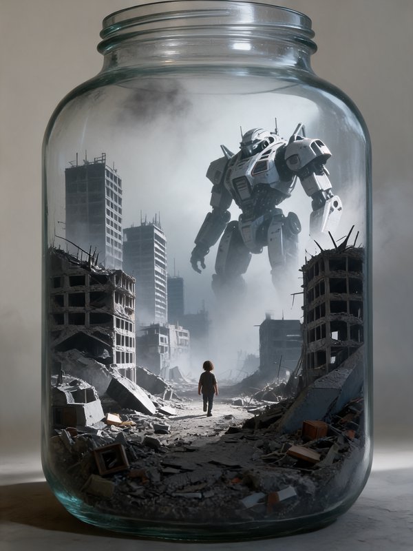 Small child walks through a ruined post-apocalyptic city inside a glass jar facing a giant mech robot