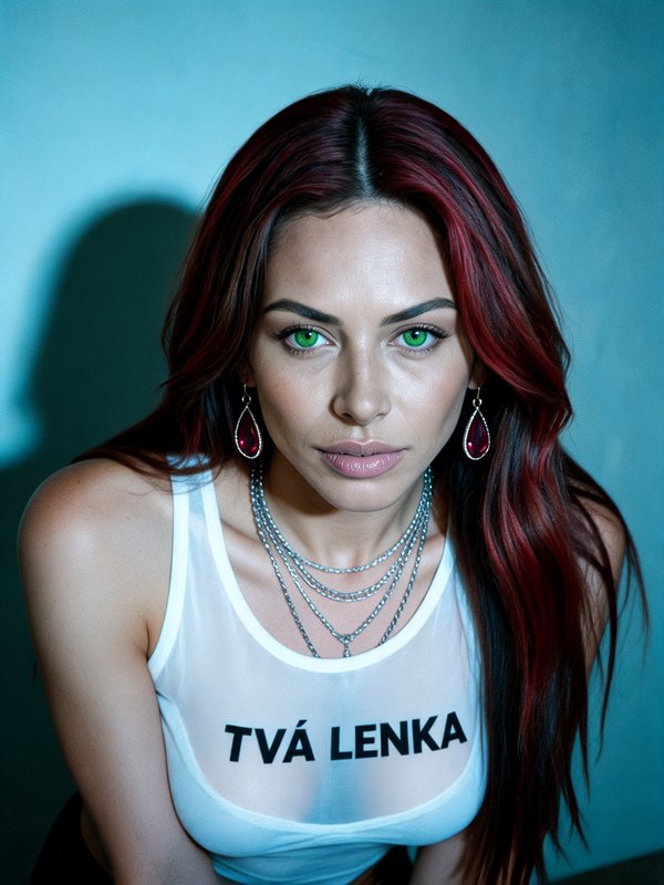 Portrait of a woman with long wavy red hair and bright green eyes posing against a soft blue studio wall