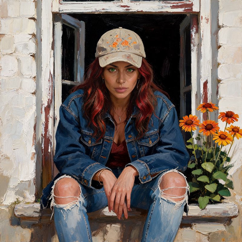 Woman with long red hair and denim clothing sits on a weathered window ledge beside bright orange flowers