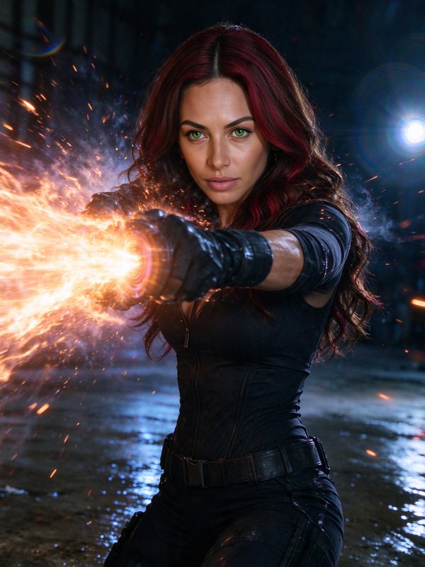 Red haired female superhero firing blazing energy blasts from her outstretched gloved hand