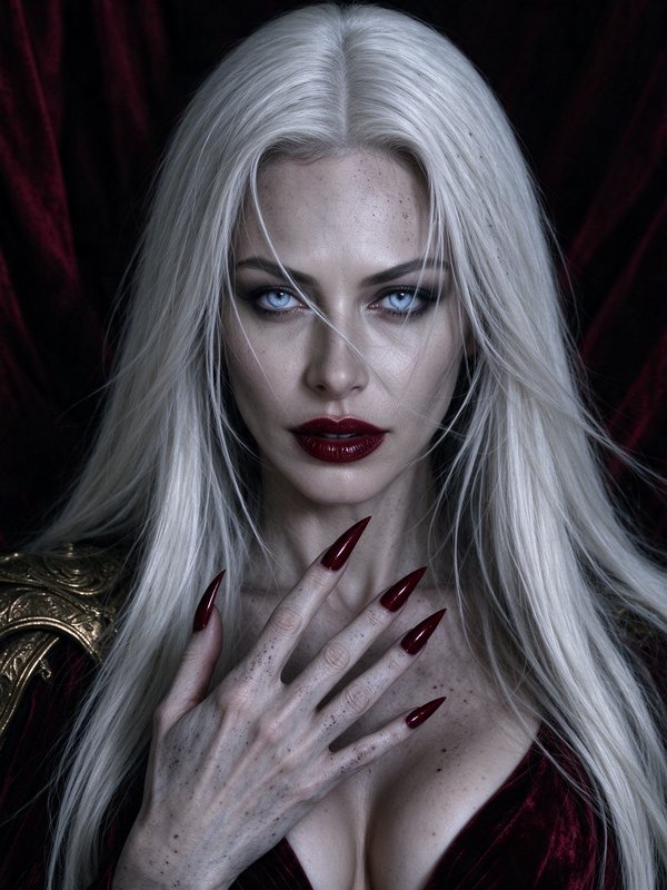 Regal pale vampire woman with long platinum blonde hair holds up a hand with sharp red stiletto nails