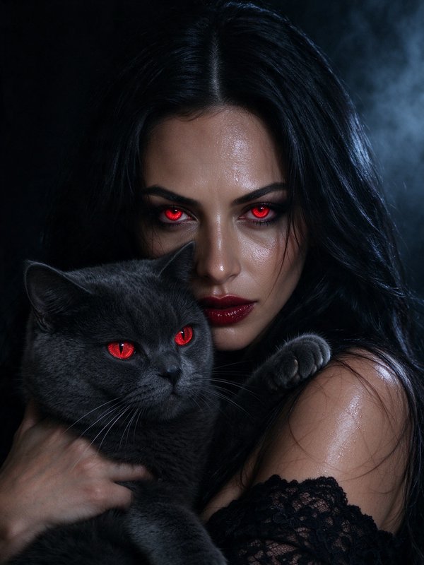 Gothic woman and her gray cat both have glowing bright red eyes in a dark moody portrait