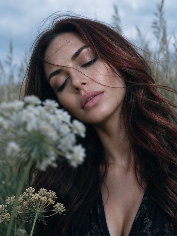 Woman with closed eyes and windswept auburn hair stands beside wild meadow flowers