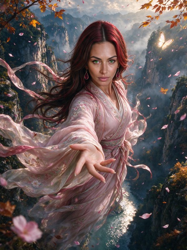 Red-haired magical woman in a flowing pink robe extends her hand over a misty autumn mountain gorge