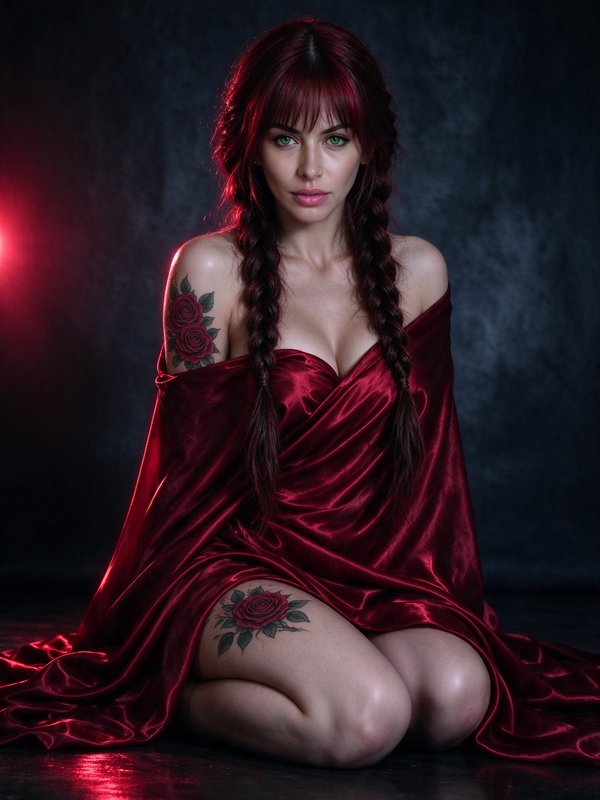 Woman with red braided hair and rose tattoos wrapped in red satin sits in a dark studio