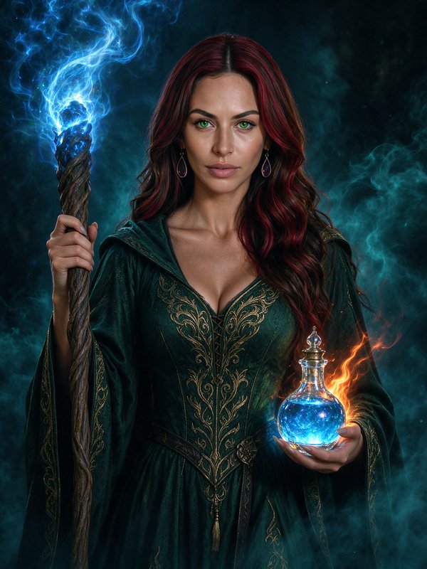 Fantasy sorceress holding a glowing magic staff and enchanted potion against a swirling misty bac...
