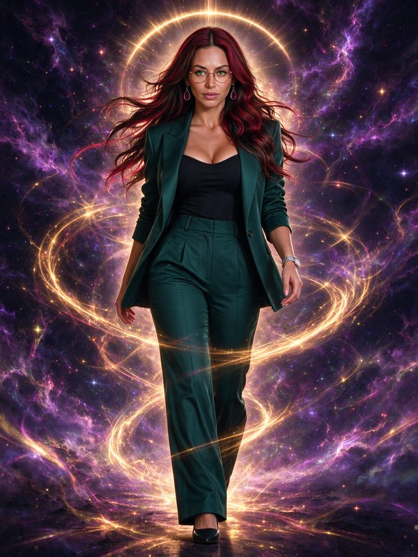 Confident red-haired woman in an emerald green suit walks forward surrounded by glowing cosmic light and purple nebula