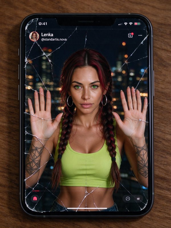 Cracked smartphone screen displays a woman with red braids pressing her hands against the display glass