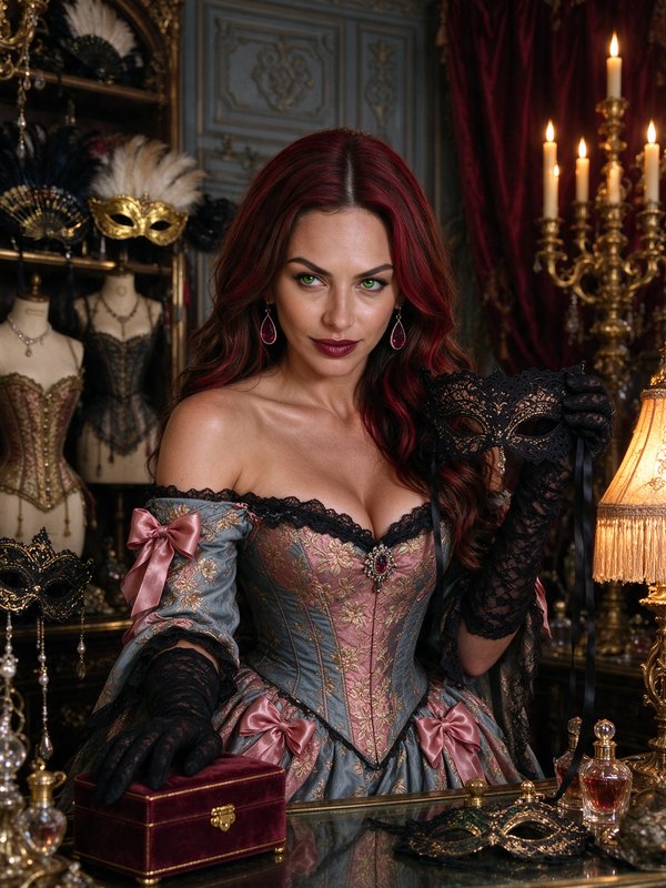 Green-eyed red-haired woman in a rococo gown holds a lace masquerade mask in an ornate vintage dr...