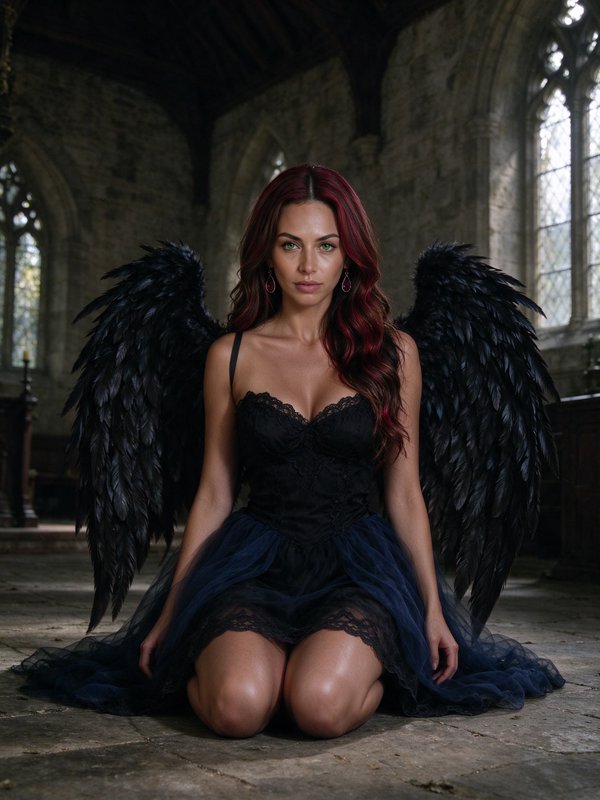 Fallen angel with large black feathered wings kneeling inside an old gothic stone chapel