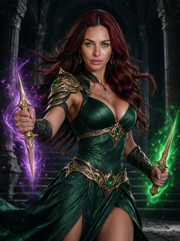 Red-haired fantasy spellblade holding two glowing enchanted daggers in a dark gothic castle hall