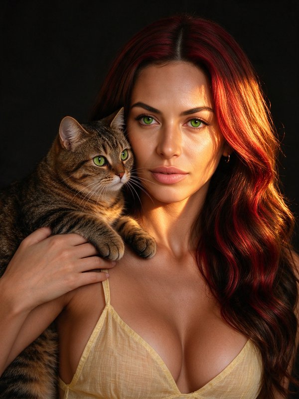 Woman with long wavy red hair holds a green-eyed tabby cat perched on her shoulder