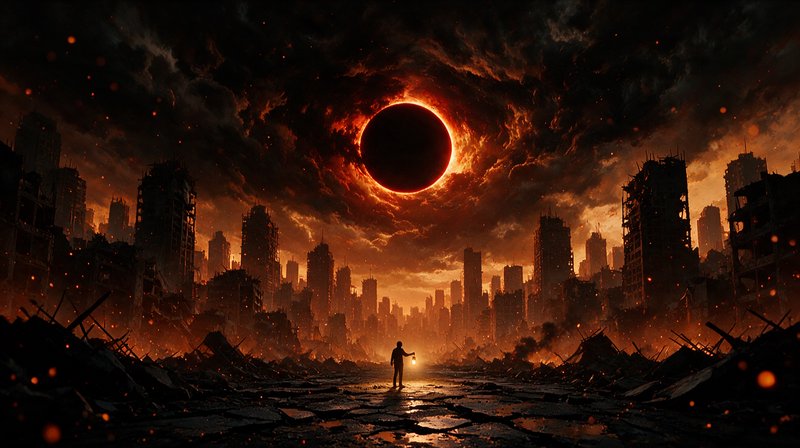Lone silhouetted survivor holding a lantern stands in a ruined city beneath a glowing total solar...