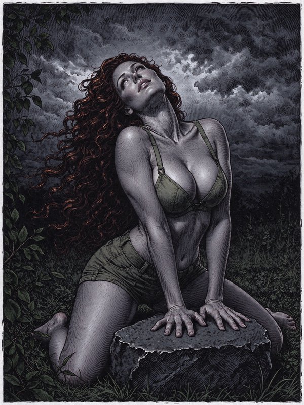 Muscular curly red-haired woman kneels leaning on a rock, looking up at a stormy twilight sky