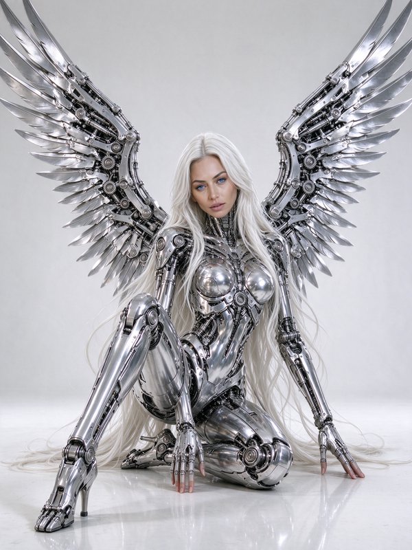 Polished chrome cyborg angel with mechanical metal wings seated on a glossy white studio floor