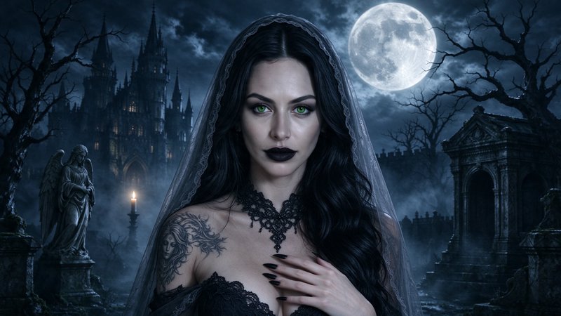 Gothic veiled woman with bright green eyes stands in a misty graveyard under a full moon before a dark castle