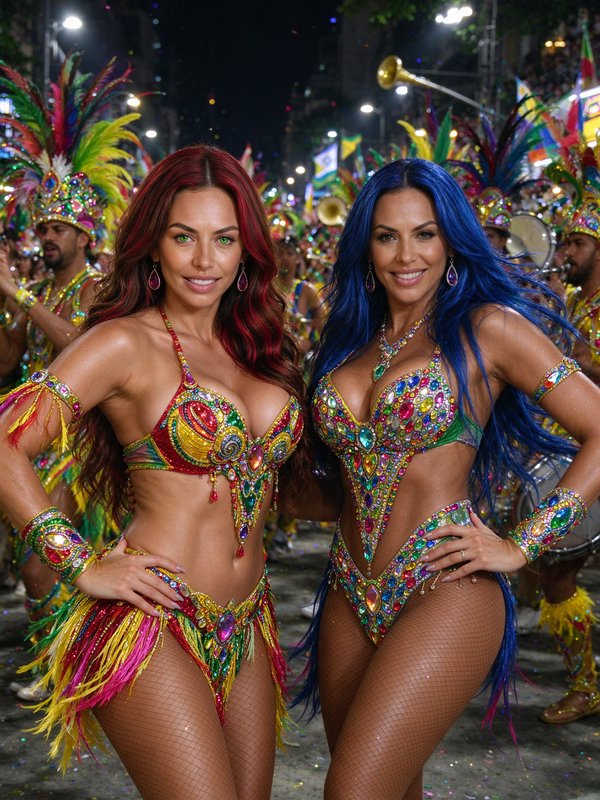 Two glamorous samba carnival dancers in jeweled costumes pose at a nighttime Rio de Janeiro parade