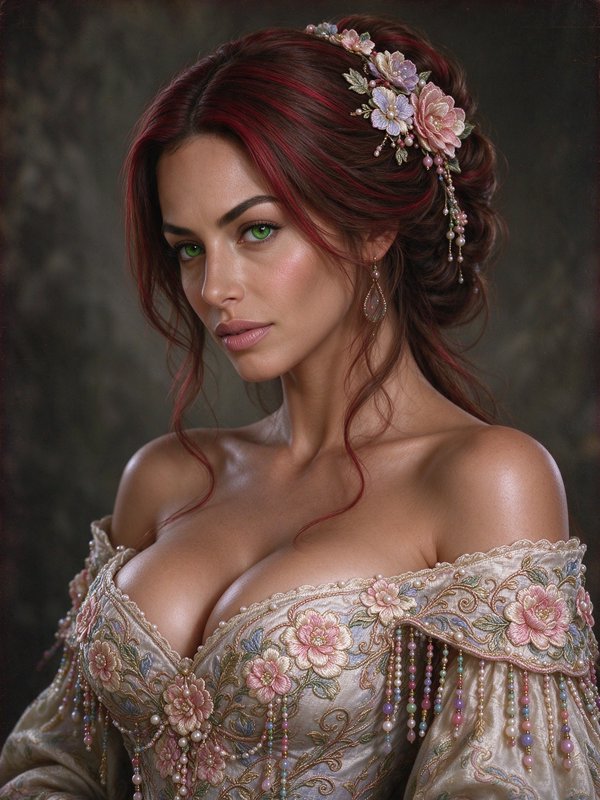 Portrait of a red-haired woman with bright green eyes wearing an ornate embroidered period gown