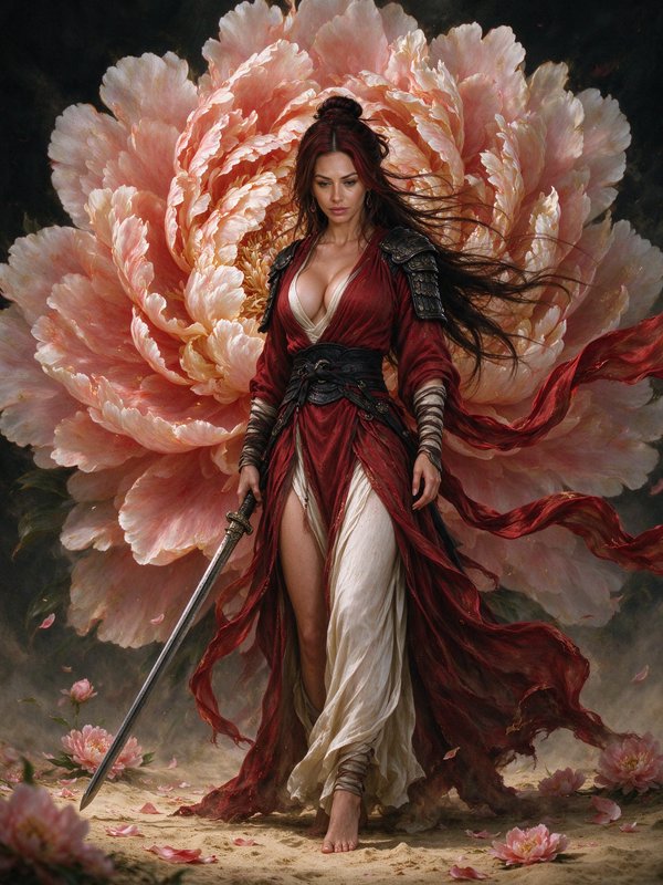 Female fantasy swordswoman in flowing red robes standing before a giant pale pink peony flower