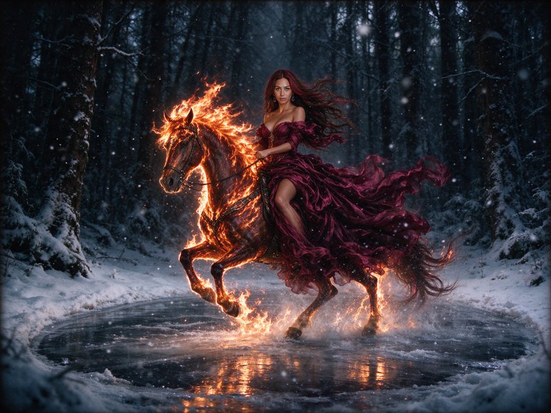 Woman in a flowing burgundy gown rides a flaming horse across frozen ice in a snowy winter forest