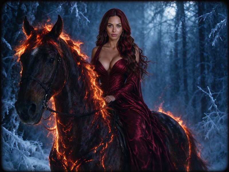 Woman in a deep red gown riding a flaming mythical horse through a frozen snowy winter forest