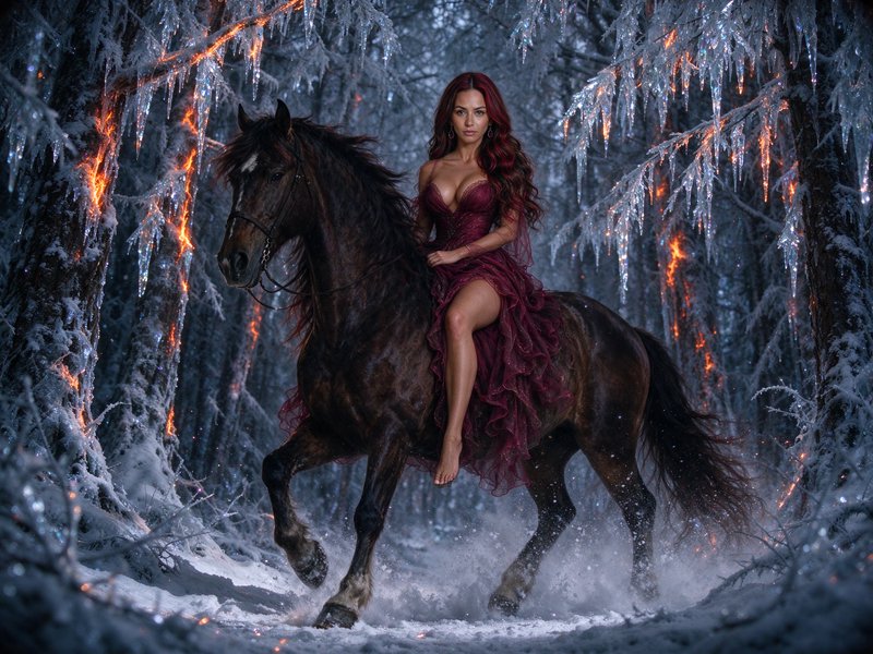 Red haired woman in a burgundy gown riding a dark stallion through a glowing icy winter forest