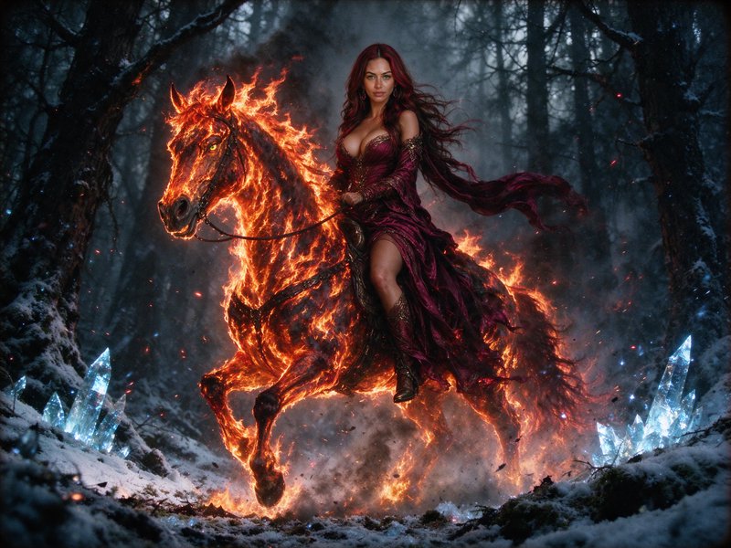 Red-haired sorceress in a burgundy gown rides a flaming fire horse through a snowy enchanted forest