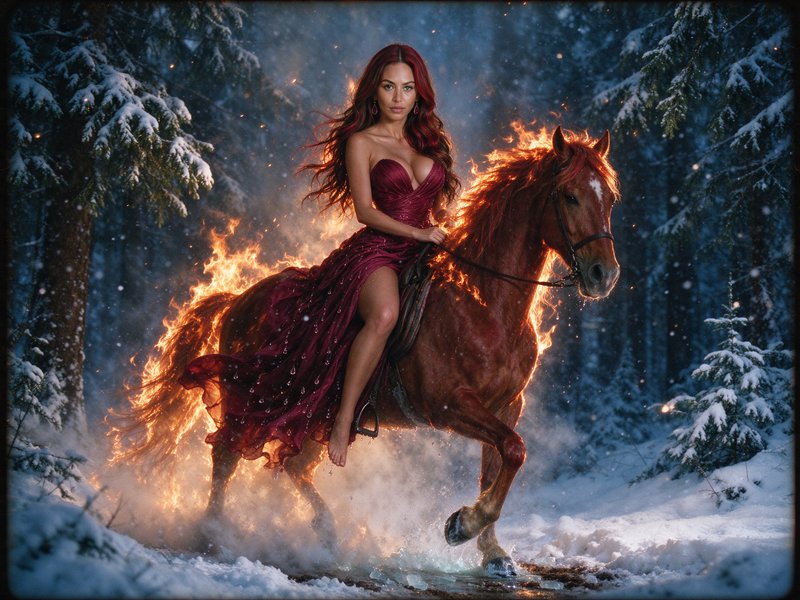 Woman in a burgundy gown riding a flaming chestnut horse through a snowy winter pine forest