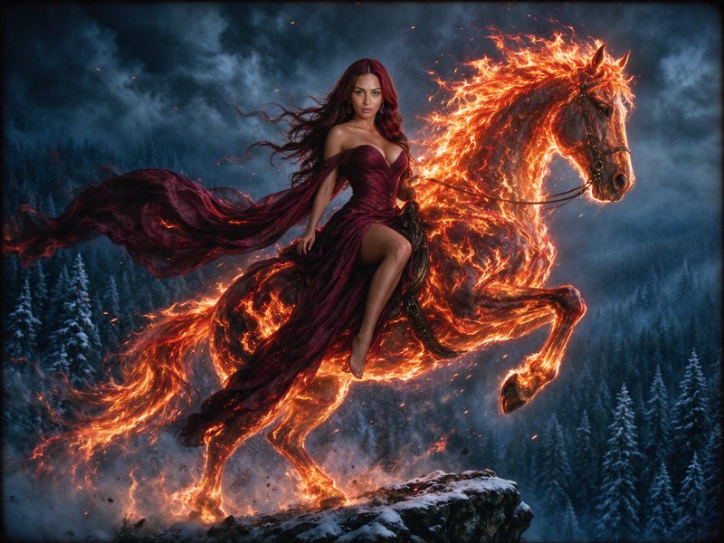 Red-haired woman in a flowing burgundy gown rides a flaming fire horse atop a snowy winter cliff