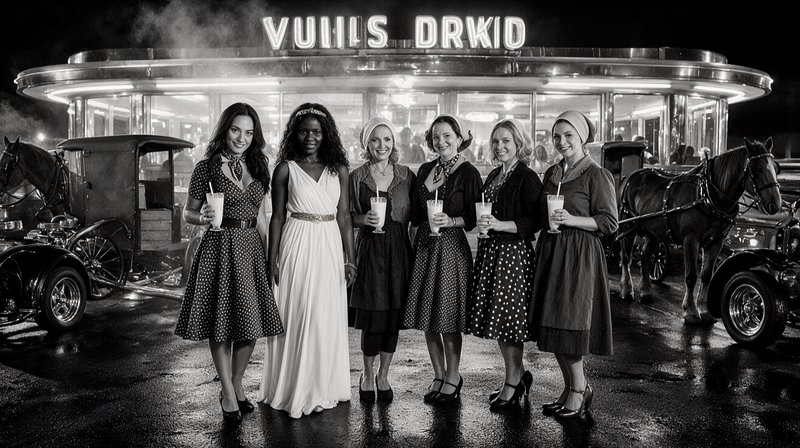 Six smiling women, one in a bridal gown, pose with milkshakes outside a vintage neon diner at night