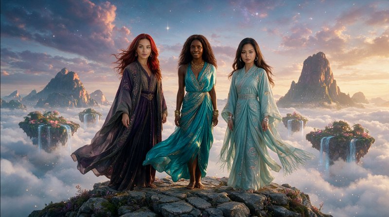 Three diverse magical women stand on a rocky peak above floating cloud islands at glowing sunset