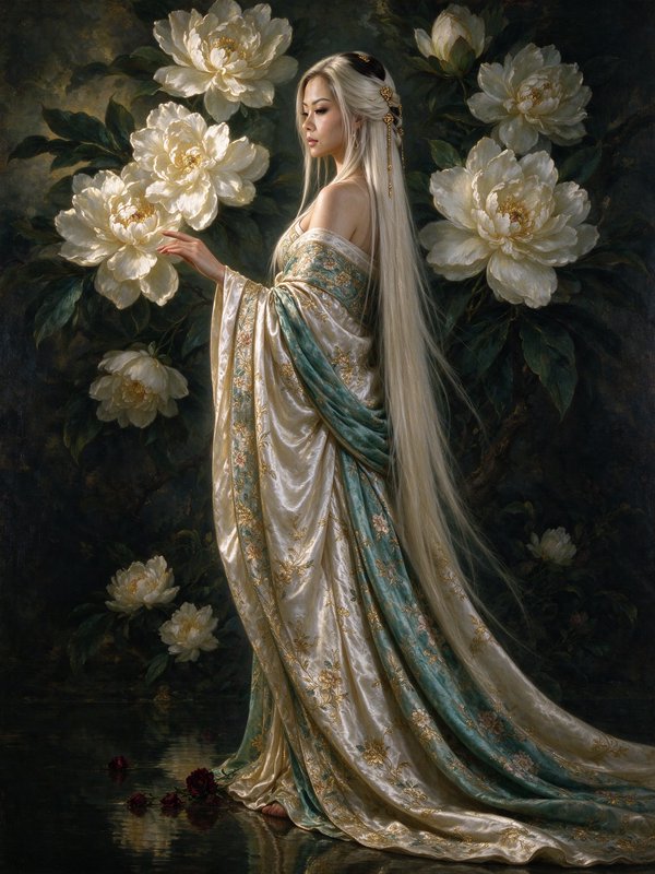 Ethereal long white-haired woman in embroidered silk gown stands among giant white peonies by dar...