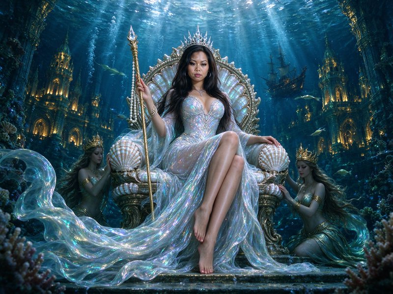 Regal sea queen sits on an ornate shell throne flanked by attendants in a glowing underwater atla...