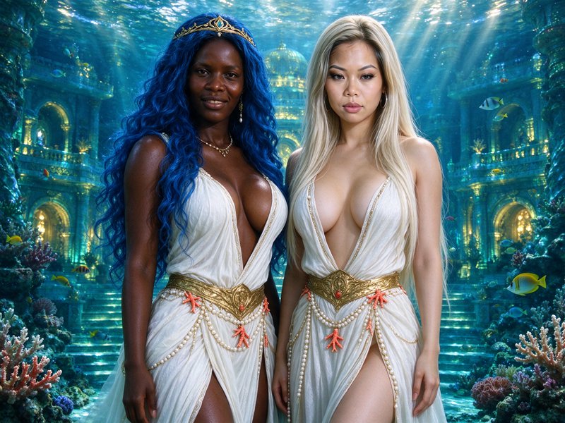 Two regal Atlantean queens stand side by side in a glowing sunlit underwater palace