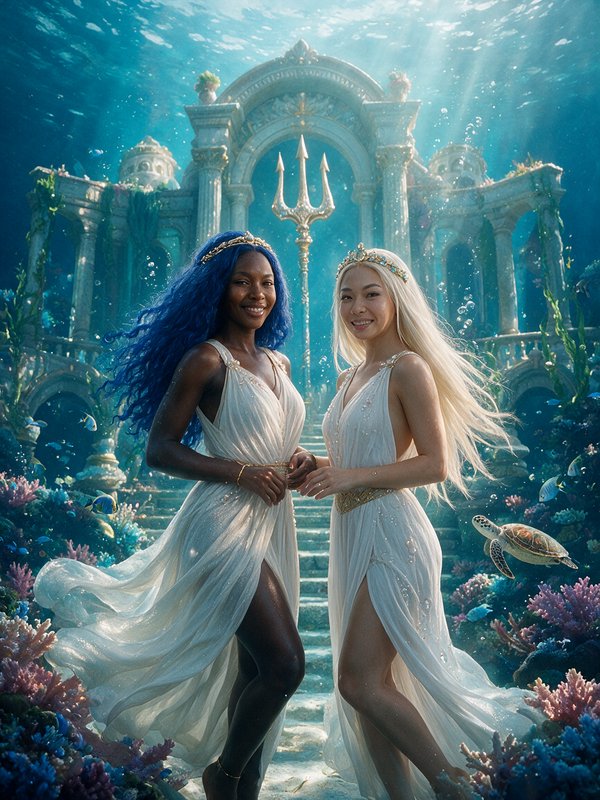 Two smiling ocean goddesses stand hand in hand before an ornate sunken underwater palace