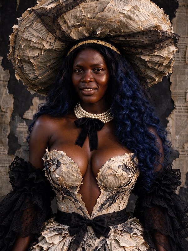 Black woman in upcycled newspaper couture and elaborate wide hat smiles softly at the camera