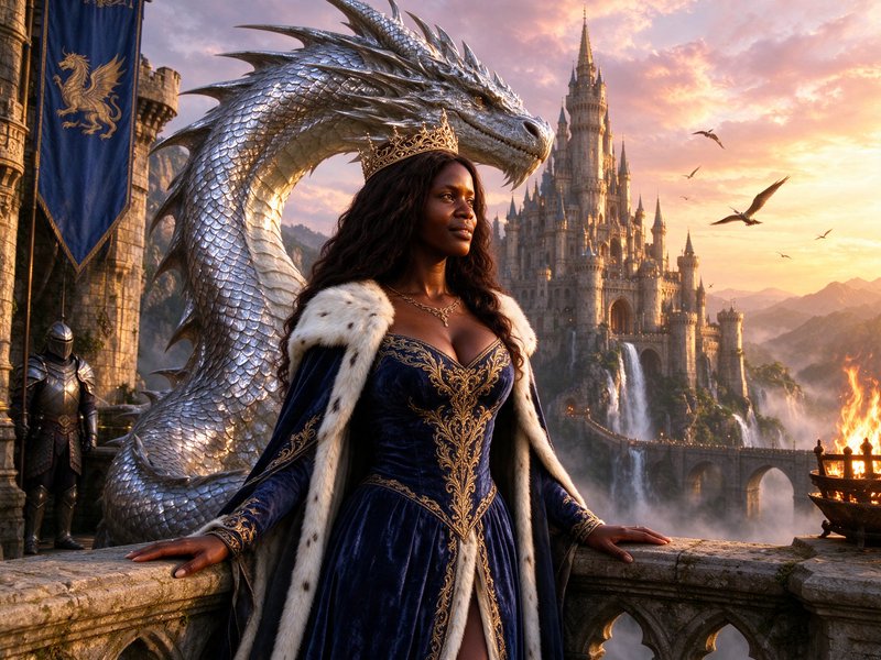 Regal Black fantasy queen stands on a castle balcony beside a large silver dragon at golden sunset