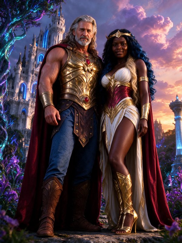 Regal fantasy king and queen in golden armor stand together before an enchanted glowing castle at...