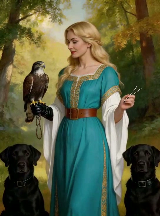 A woman in a turquoise medieval dress holds a falcon on a gloved hand, flanked by two black dogs ...