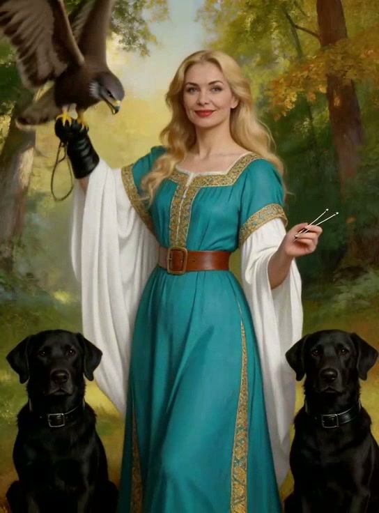 Fantasy portrait of a woman in a teal medieval gown with a hawk and two black dogs in a forest.