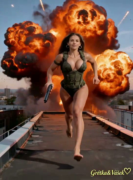 Woman in military-style bodysuit running on rooftop as an explosion roars behind her