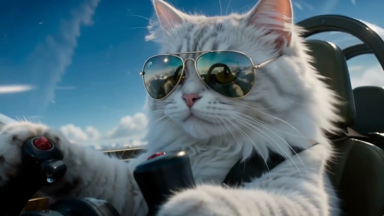 White cat wearing aviator sunglasses while driving a car.