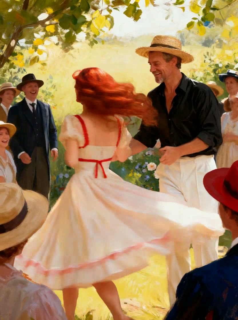 Impressionist painting of red-haired woman dancing with a smiling man as onlookers watch at a sun...