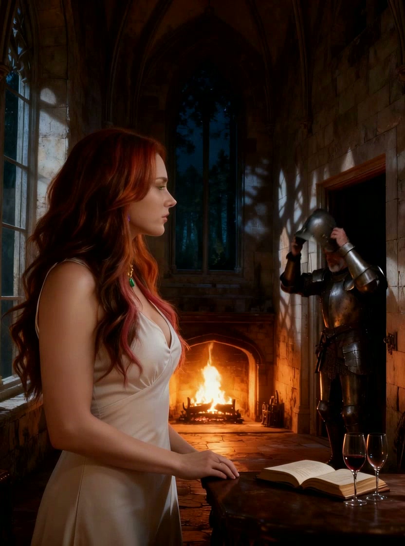 Red-haired woman in a white gown stands in a gothic castle room as an armored knight removes his ...