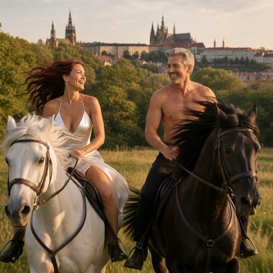 Joyful couple riding white and black horses across a sunlit meadow, Prague Castle skyline at gold...
